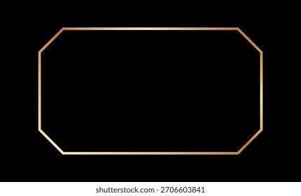 Marco fino dorado en estilo art deco. Frontera de oro de lujo. Forma de rectángulo brillante lineal. Paquete de elementos de tablero brillante brillante de latón para photocard. Ilustración vectorial aislada sobre fondo negro.