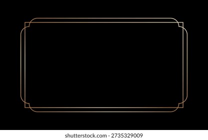 Thin golden frame in art deco style. Luxury modern line rectangle gold border. Brass glowing shiny simple boarder element pack for photocard. Vector illustration isolated on black background.