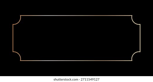 Marco fino dorado con esquinas redondas en estilo art deco. Borde de oro de Antiguas. Forma de rectángulo brillante lineal. Paquete de elementos de tablero brillante brillante de latón. Ilustración vectorial aislada sobre fondo negro.