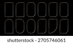 Thin golden frame set in art deco style. Luxury line rectangle and arch gold borders. Brass glowing shiny boarder element pack for photocard. Vector illustration isolated on black background.