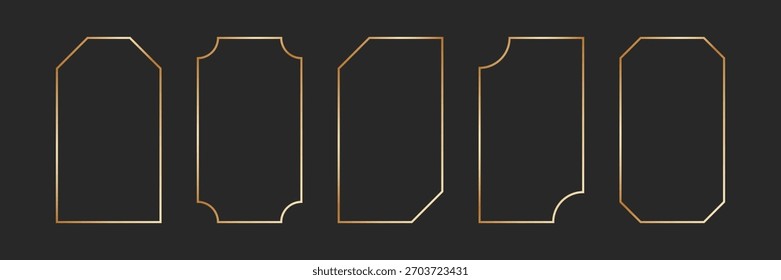 Marco fino de oro en estilo art deco. Fronteras de oro de Antiguas. Forma de rectángulo brillante lineal. Paquete de elementos de tablero brillante brillante de latón para photocard. Ilustración vectorial aislada sobre fondo negro.