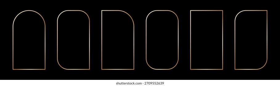 Marco fino de oro en estilo art deco. Fronteras de oro de lujo. Forma de rectángulo brillante lineal. Paquete de elementos de tablero brillante brillante de latón para photocard. Ilustración vectorial aislada sobre fondo negro.