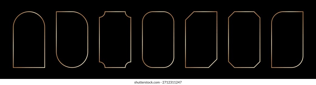 Marco fino de oro en estilo art deco. Fronteras de oro de lujo. Forma de rectángulo brillante lineal. Paquete de elementos de tablero brillante brillante de latón para photocard. Ilustración vectorial aislada sobre fondo negro.