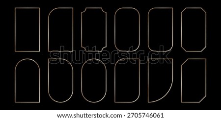 Thin golden frame set in art deco style. Luxury line rectangle and arch gold borders. Brass glowing shiny boarder element pack for photocard. Vector illustration isolated on black background.