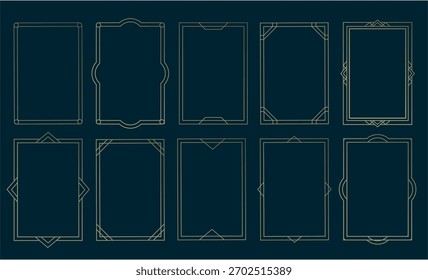 Conjunto de marco de oro delgado. Bellos y lujosos bordes de la línea de oro. Ilustración vectorial de marcos de oro art deco. Marcos vintage geométricos simples, elegantes y modernos.
