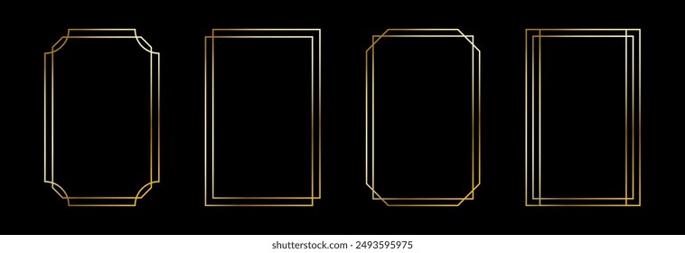 Thin golden frame set. Gold geometric border collection in art deco style. Thin linear shining rectangular shape bundle. Brass glowing shiny boarder element pack for photo, cadre, poster, card. Vector