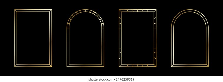 Thin golden frame set. Gold rectangle and arch border collection in art deco style. Thin linear shining shape bundle. Metal glowing shiny boarder element pack for photo, cadre, poster, card. Vector