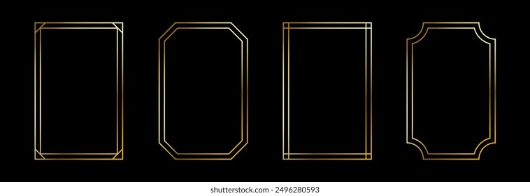 Thin golden frame set. Gold geometric border collection in art deco style. Thin linear shining rectangular shape bundle. Brass glowing shiny boarder element pack for photo, cadre, poster, card. Vector