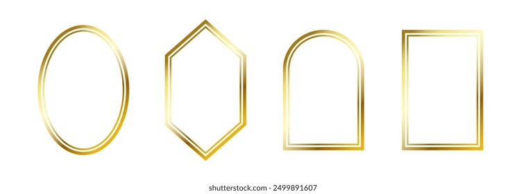 Thin golden frame set. Gold geometric border collection in art deco style. Thin linear shining shape bundle. Brass glowing shiny boarder element pack for photo, cadre, poster, card. Vector