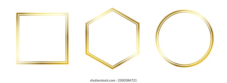 Thin golden frame set. Gold geometric border collection in art deco style. Thin linear shining shape bundle. Metallic glowing shiny boarder element pack for photo, cadre, poster, card. Vector