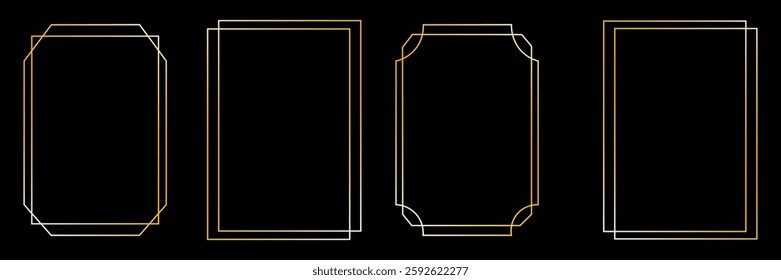 Thin golden frame set. Gold geometric border collection in art deco style. Thin linear shining rectangular shape bundle. Brass glowing shiny