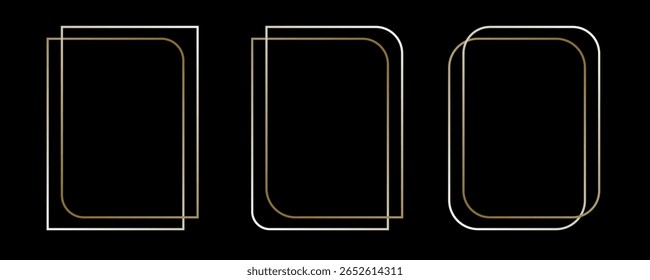 Thin golden frame set. Gold geometric border collection in art deco style. Thin linear shining rectangular shape bundle. Brass glowing shiny boarder element pack for photo, cadre, poster, card. Vector