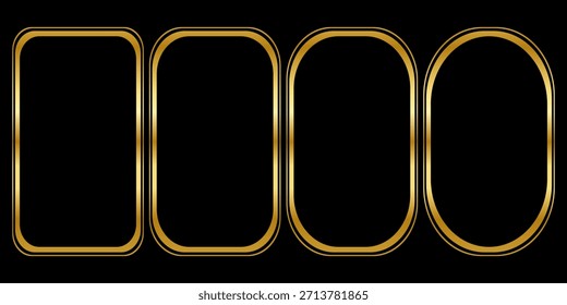 Conjunto de marco de oro delgado. Colección de borde geométrico dorado en estilo art deco. Delgado Paquete de forma rectangular brillante lineal. Paquete de elementos de tablero brillante brillante de latón para foto, cuadro, póster, tarjeta. Vector