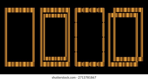 Conjunto de marco de oro delgado. Colección de borde geométrico dorado en estilo art deco. Delgado Paquete de forma rectangular brillante lineal. Paquete de elementos de tablero brillante brillante de latón para foto, cuadro, póster, tarjeta. Vector