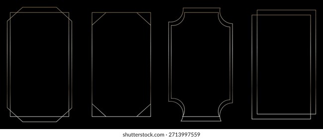 Dünnes goldenes Rahmenset. Goldene geometrische Randkollektion im Art-Deco-Stil. Dünnes, geradlinig glänzendes, rechteckiges Formbündel. Messing glänzend.EPS10