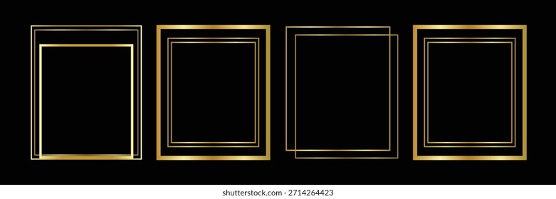 Conjunto de marco de oro delgado. Colección de borde geométrico dorado en estilo art deco. Delgado Paquete de forma rectangular brillante lineal. Paquete de elementos de tablero brillante brillante de latón para foto, cuadro, póster, tarjeta.