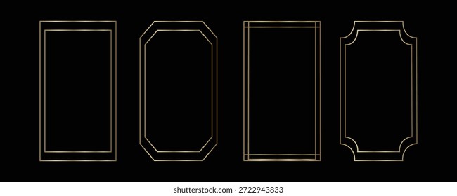 Fino conjunto de molduras douradas. Coleção de borda geométrica dourada em estilo art deco. Feixe de forma retangular brilhante linear fino