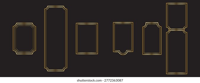 Thin golden frame set. Gold rectangular border collection in art deco style. Thin linear shining rectangle shape bundle. Metal glowing shiny boarder element pack for photo, cadre, poster, card. Vector