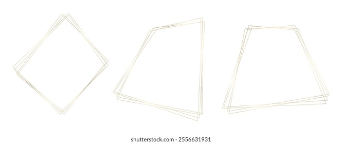 Thin golden geometric linear frame set. Gold shining geometrical polyhedron collection. Boarder element for photo, decoration card, certificate, grand opening, party invitation. Vector illustration