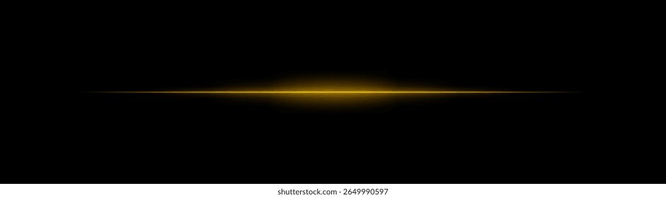 Thin golden laser beam across dark background with glowing center. Minimalistic horizontal light effect with sharp gradient and smooth fade at edges.