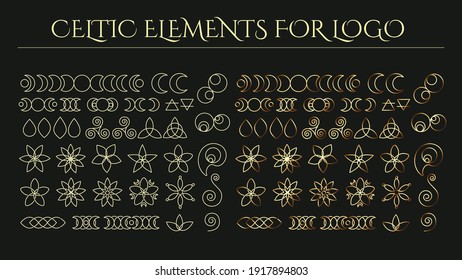 Delgada línea dorada elementos de estilo elfo celta para el logo. Colección vectorial de nudos triquetra, espiral, iconos florales y lunares, elementos abstractos - cosméticos esotéricos y orgánicos para la marca. 