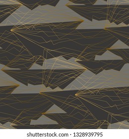 Thin golden lines and shapes seamless pattern. Abstract geometric polygons with gold gradient random and entangled lines. Minimalistic grey background. Backdrop, textile, wrapping paper illustration