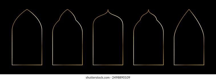 Conjunto de arco fino y puntiagudo dorado. Colección de marco de borde de arco dorado en estilo oriental. Paquete de forma de curva de brillo lineal delgado. Brillante paquete de elementos de tablero brillante para foto, cuadro, cartel, tarjeta. Vector