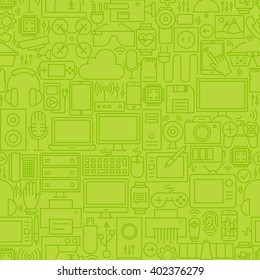 Diseño de línea de dispositivos y gadgets verdes delgados sin problemas. Diseño de sitios web vectores y fondo transparente en el moderno estilo de esquema. Tecnología y electrónica.