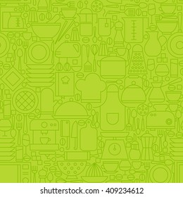 Thin Green Kitchen Appliances and Cooking Line Seamless Pattern. Vector Website Design and Seamless Background in Trendy Modern Outline Style. Kitchenware Utensils.