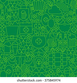 Thin Green Line Irish Saint Patrick Day Seamless Pattern. Vector Design and Tile Background in Trendy Modern Style. Thin Outline Holiday Art.
