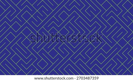 Thin green maze lines are arranged on a dark blue background, creating a precise, angular geometric pattern of interconnected right angles. The visual feels ordered, crisp, and strikingly mathematical