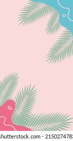 Thin green palm leaves on a pink background with bright spots and arbitrary lines. Summer juicy banner.

