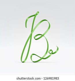 Thin green satin ribbon typeface capital B letter hanging over light background
