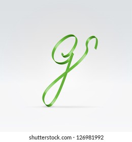 Thin green satin ribbon typeface lowercase g letter hanging over light background
