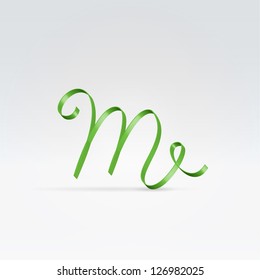 Thin green satin ribbon typeface lowercase m letter hanging over light background
