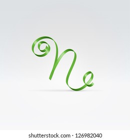 Thin green satin ribbon typeface lowercase n letter hanging over light background