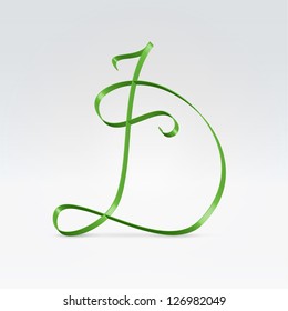 Thin green satin ribbon typeface capital D letter hanging over light background