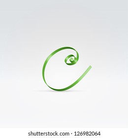 Thin green satin ribbon typeface lowercase c letter hanging over light background