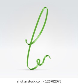 Thin green satin ribbon typeface lowercase l letter hanging over light background