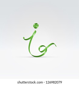 Thin green satin ribbon typeface lowercase i letter hanging over light background