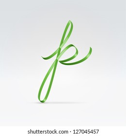 Thin green satin ribbon typeface lowercase p letter hanging over light background