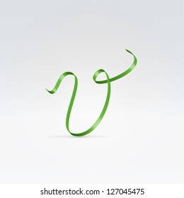 Thin green satin ribbon typeface lowercase v letter hanging over light background