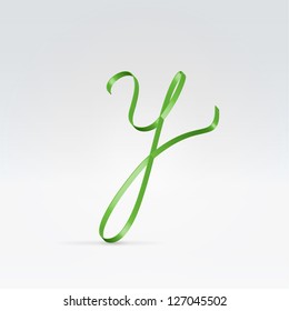 Thin green satin ribbon typeface lowercase y letter hanging over light background