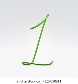 Thin green satin ribbon typeface 1 numeral hanging over light background