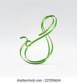 Thin green satin ribbon typeface 8 numeral hanging over light background