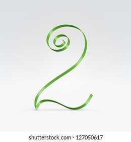 Thin green satin ribbon typeface 2 numeral hanging over light background