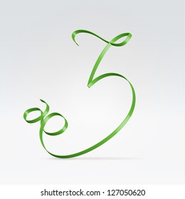 Thin green satin ribbon typeface 3 numeral hanging over light background