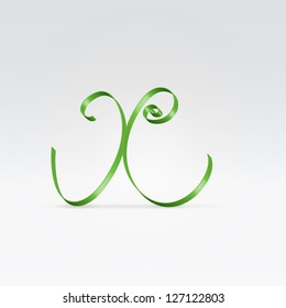 Thin green satin ribbon typeface lowercase x letter hanging over light background