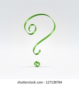 Thin green satin ribbon typeface lowercase question sign hanging over light background