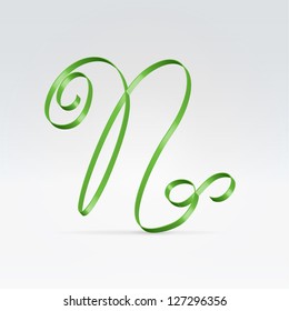 Thin green satin ribbon typeface capital N letter hanging over light background
